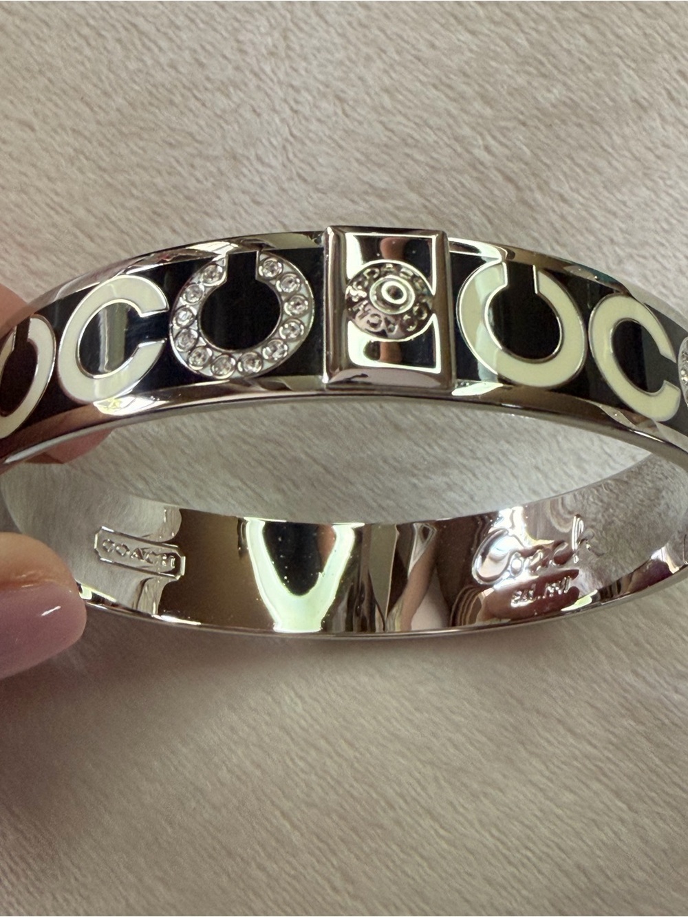 Coach Silver and Black and White Logo Crystal Accent Bangle Bracelet